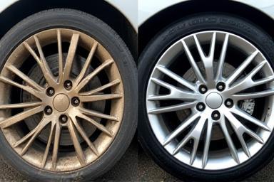 Before and after comparison of a dirty vs clean alloy wheel