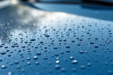 Close-up of water beading perfectly on a freshly waxed car hood