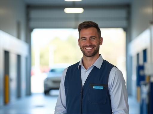 Friendly staff member smiling at the entrance of Toronto Shine Auto Wash facility