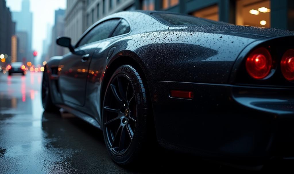 A gleaming black sedan after a wash from Toronto Shine Auto Wash, with a blurred Toronto city background